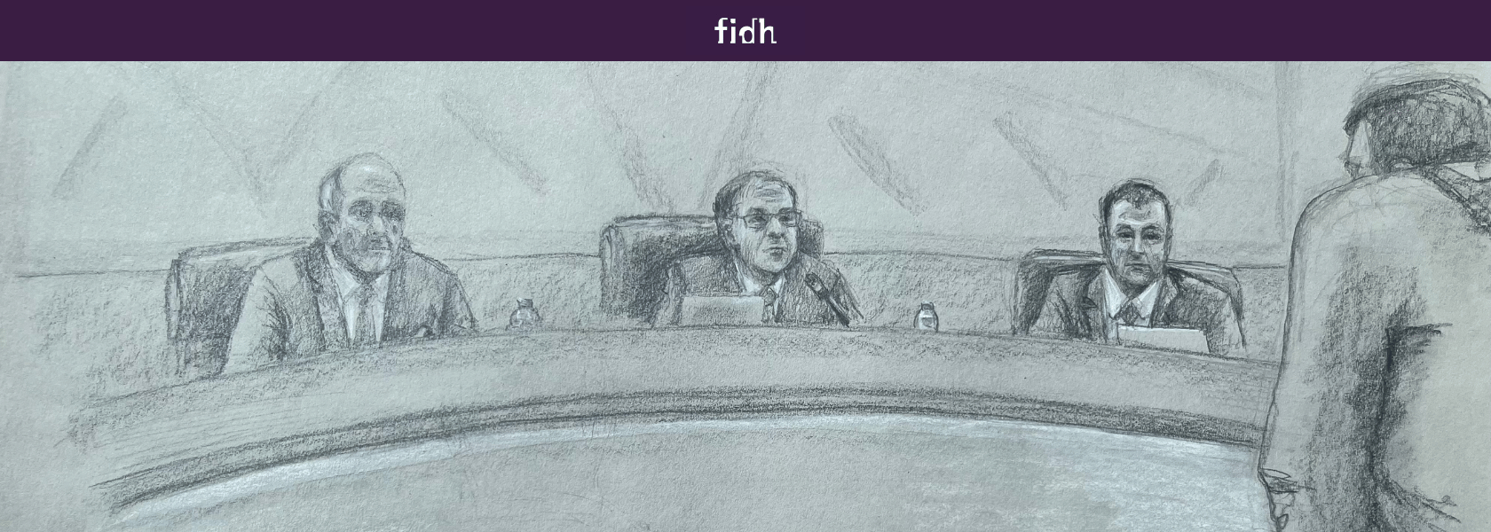 Dessin de Natallia Hersche, artiste bélarusse qui a assisté au procès les 19-20 septembre 2023 à St. Gallen 